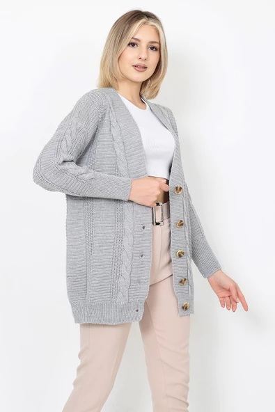 Lugmo Kadın Triko Hırka Akrilik iplik 80 cm Saç Örgülü Gri - 3