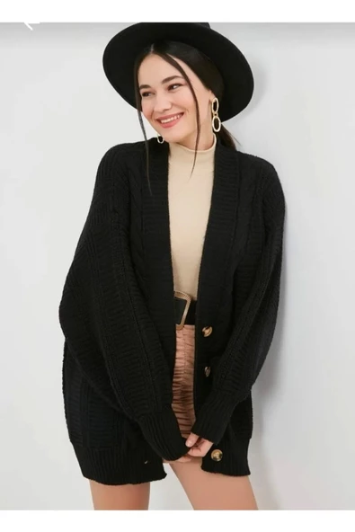 Lugmo Kadın Triko 4 Düğmeli Örgü Hırka Siyah 70 cm - 2