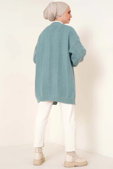 Lugmo Kadın Triko Hırka Akrilik iplik 80 cm Saç Örgülü Mint Yeşili - 4