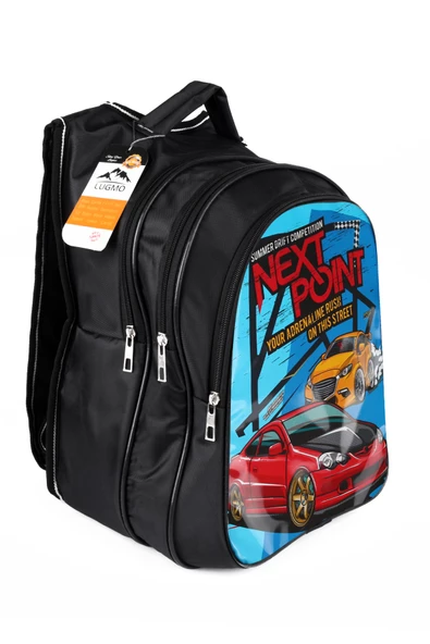 Lugmo Ortaokul İlkokul Çantası ve Beslenme Çantası 3 Cepli Pedli Araba Siyah - 2