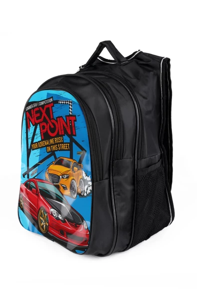 Lugmo Ortaokul İlkokul Çantası ve Beslenme Çantası 3 Cepli Pedli Araba Siyah - 4