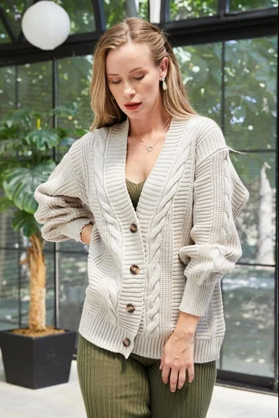 Lugmo Kadın Triko Hırka Akrilik iplik 80 cm Saç Örgülü Taş - 3