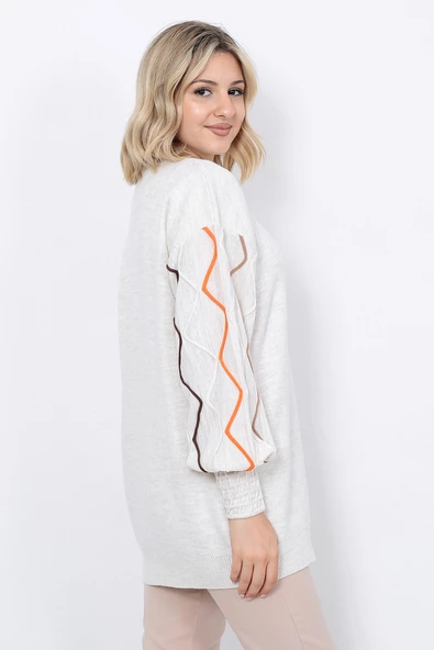 Kadın Triko Kazak Kolu Çizgili Taş Renk - Resim 4