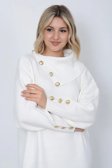 Triko Uzun Kadın Elbise Yaka Düğmeli Ekru - Resim 2