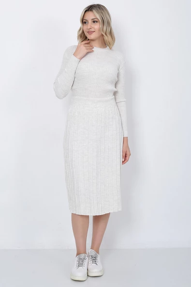 Kadın Triko Pilise Etekli Saç Örğülü Kazak Takım Oversize Taş - 8