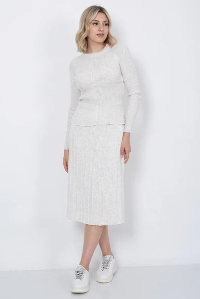 Kadın Triko Pilise Etekli Saç Örğülü Kazak Takım Oversize Taş - 4