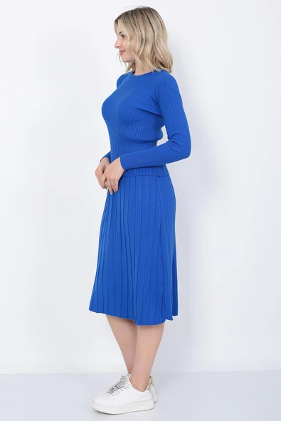 Kadın Triko Pilise Etekli Saç Örğülü Kazak Takım Oversize Mavi - 6