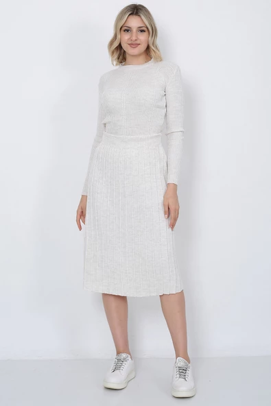 Kadın Triko Pilise Etekli Saç Örğülü Kazak Takım Oversize Taş - 2