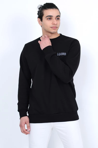 Lugmo Erkek Sweatshirt 3 İplik Kompak Kumaş Kazak Regular Siyah - 2