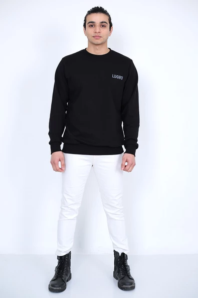 Lugmo Erkek Sweatshirt 3 İplik Kompak Kumaş Kazak Regular Siyah - 9