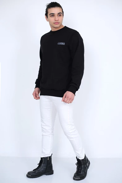 Lugmo Erkek Sweatshirt 3 İplik Kompak Kumaş Kazak Regular Siyah - 8