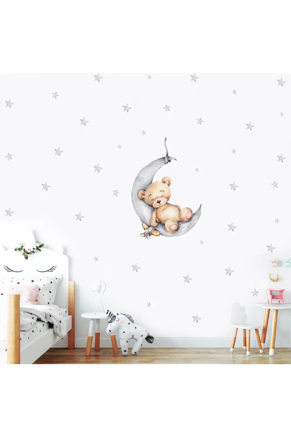 Ayda Uyuyan Sevimli Ayıcık ve Yıldızlar Çocuk Odası Duvar Sticker 50 x 70 cm