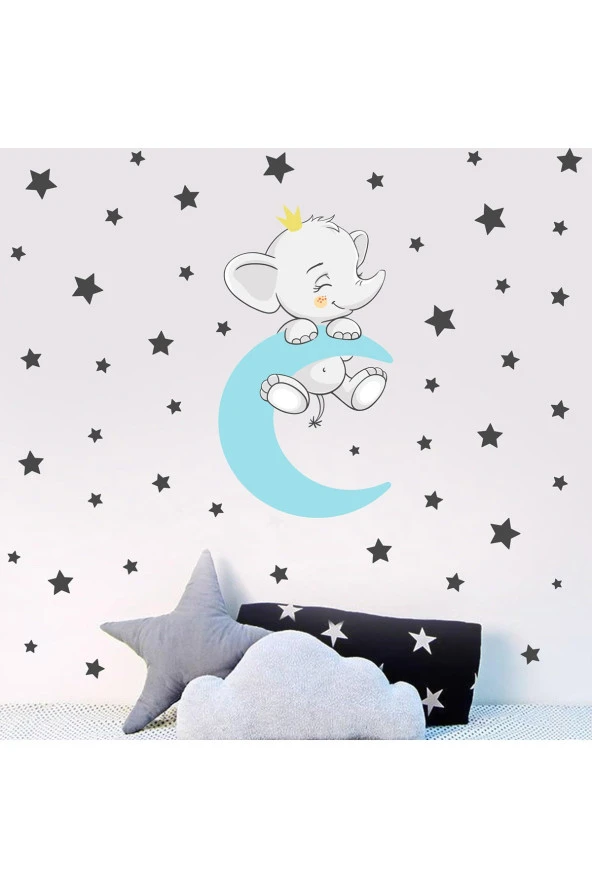 Ayda Uyuyan Sevimli Fil ve Yıldızlar Çocuk Odası Duvar Sticker 50 x 70 cm