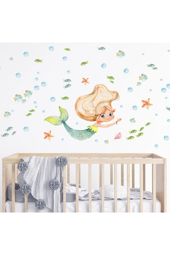 Deniz Kızı ve Deniz Canlıları Temalı Çocuk Odası Duvar Sticker 50 x 70 cm