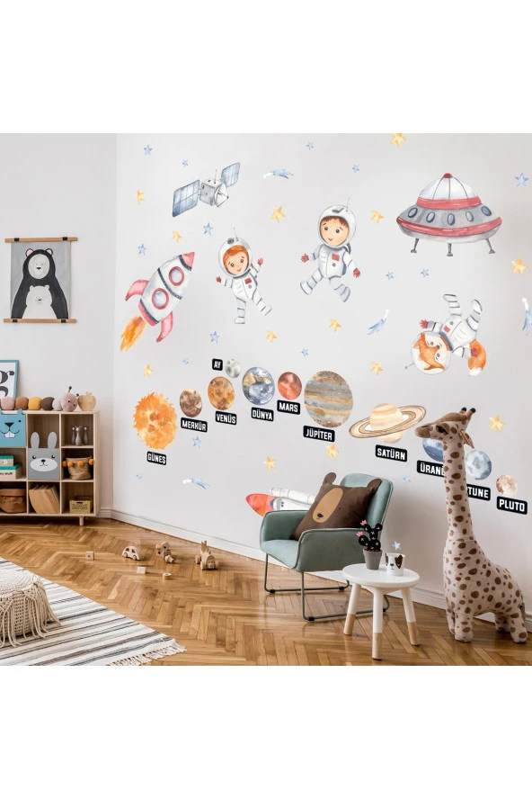 Astronot ve Gezegenler Uzay Temalı Çocuk Odası Duvar Sticker 50 x 70 cm