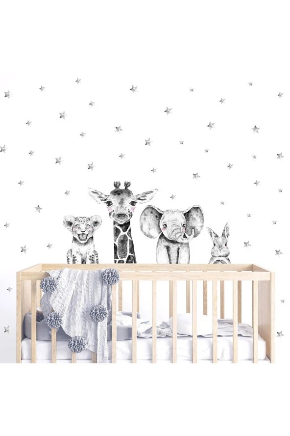 Siyah-Beyaz Safari Hayvanlar Çocuk Odası Duvar Sticker 50 x 70 cm