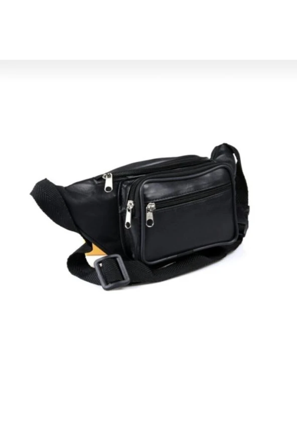 Siyah Hakiki Deri Üç Gözlü Bel Çantası ürün görseli