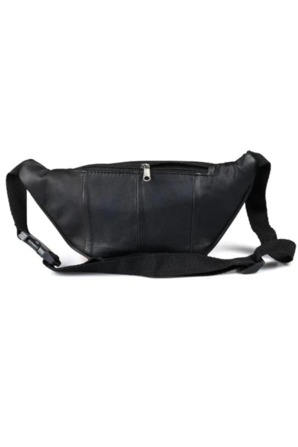 Siyah Hakiki Deri Üç Gözlü Bel Çantası - Resim 3