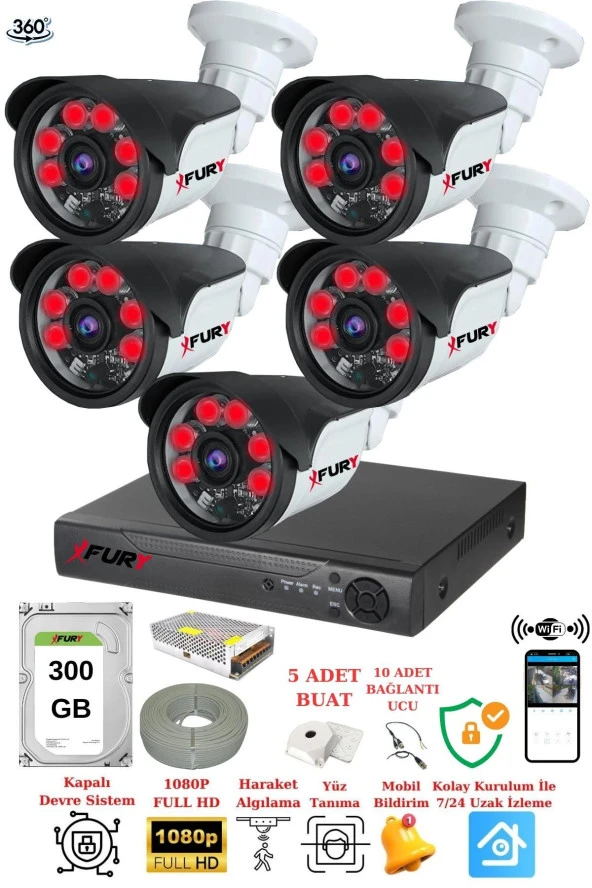 5 Kameralı 1080P Görüntü 6 Atom Gece Görüşlü Full Hd Akıllı Güvenlik Kamerası Sistemi 320GB