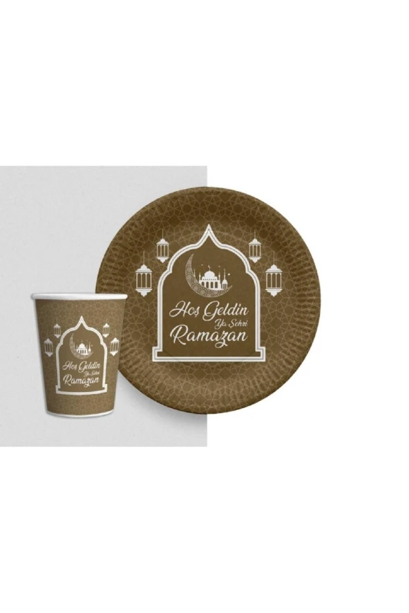 Hoşgeldin Ya Şehri Ramazan Yazılı Gold Sarı Renk 8 Adet Tabak ve Bardak Set Ramazan Ayı Temalı Set