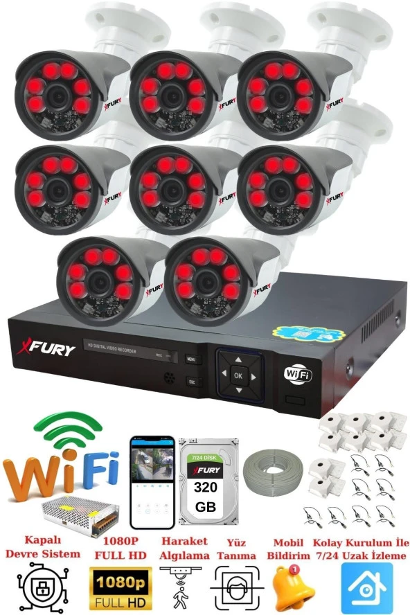 FURY 8 Kameralı 5mp Lensli 1080P 2mp Görüntü 6 Atom Gece Görüşlü FullHd Güvenlik Kamerası Sistemi 320GB