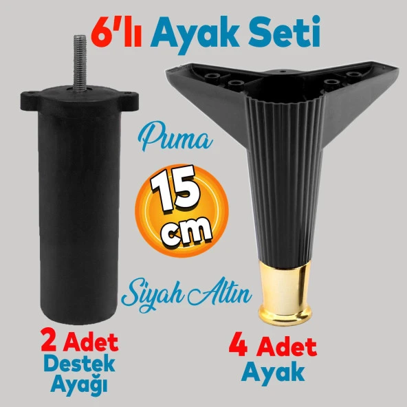 Elista 6'lı Set Mobilya TV Ünitesi Çekyat Koltuk Kanepe Destek Ayağı 15 cm Siyah Altın M8 Civatalı