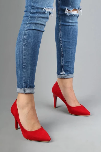 Kadın Kırmızı Süet Stiletto Topuklu Ayakkabı - Anger