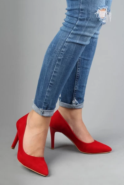 Kadın Kırmızı Süet Stiletto Topuklu Ayakkabı - Anger - 2