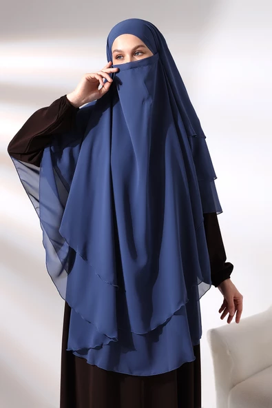 Mavi Üç Katlı Peçeli Uzun Şifon Tesettür Sufle Eşarp - Resim 2