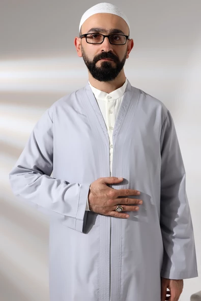 Gri Erkek Namaz Elbisesi V Yaka Düğmesiz Önü Açık Namaz Cübbesi - 6