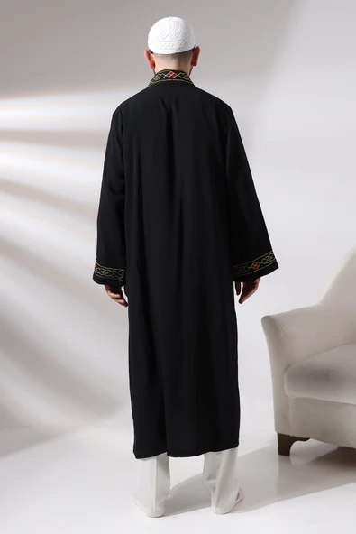 Siyah Erkek Namaz Elbisesi Desen İşlemeli Hakim Yaka İmam Cübbesi - 8
