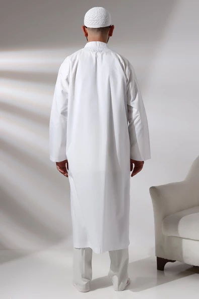 Beyaz Erkek Namaz Elbisesi V Yaka Düğmesiz Önü Açık Namaz Cübbesi - 6