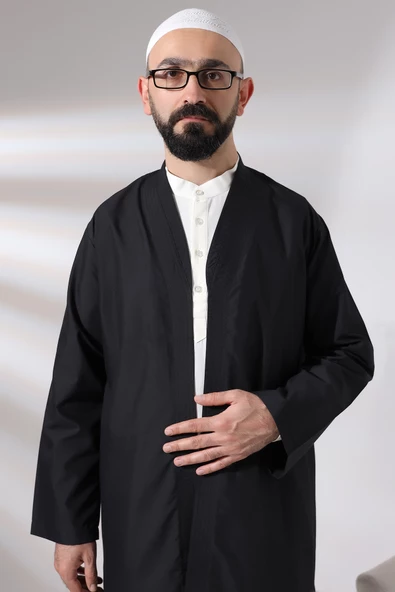 Siyah Erkek Namaz Elbisesi V Yaka Düğmesiz Önü Açık Namaz Cübbesi - 7