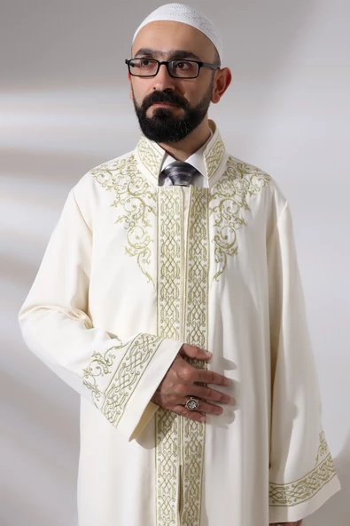 Krem Hakim Yaka Erkek Namaz Elbisesi Şerit Nakış İşlemeli İmam Cübbesi - 6