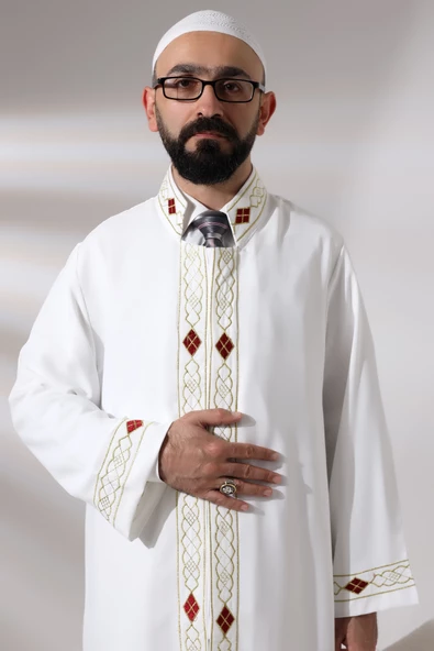 Beyaz Erkek Namaz Elbisesi Desen İşlemeli Hakim Yaka İmam Cübbesi - 6