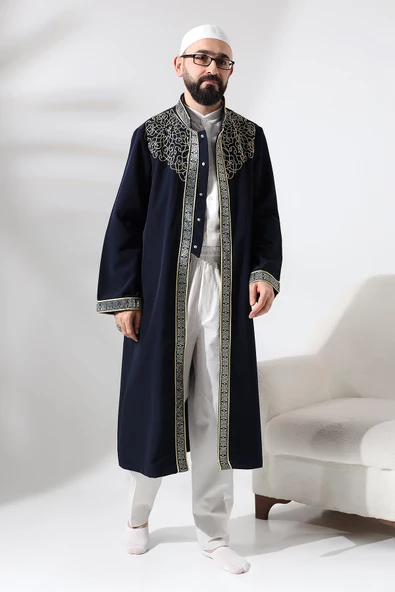 Lacivert Hakim Yaka Erkek Namaz Elbisesi Şerit Nakış İşlemeli İmam Cübbesi - 5