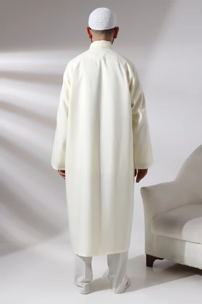 Krem Erkek Namaz Elbisesi Düz Desensiz Hakim Yaka İmam Cübbesi - 8