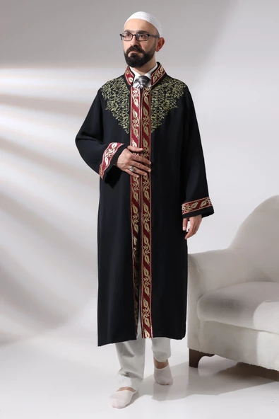 Siyah Hakim Yaka Erkek Namaz Elbisesi Şerit Nakış İşlemeli İmam Cübbesi - 5