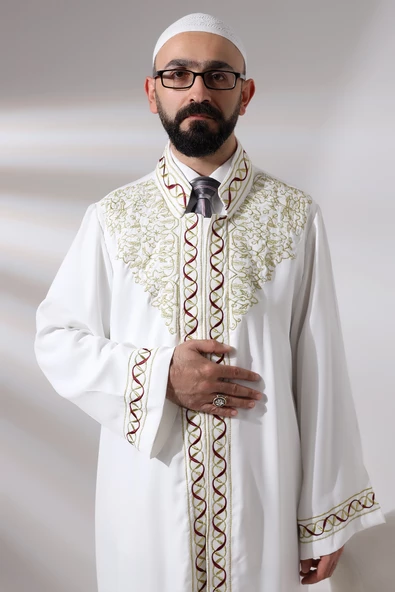 Beyaz Hakim Yaka Nakış İşlemeli Erkek Namaz Elbisesi İmam Cübbesi - 7