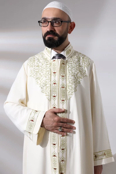 Krem Erkek Namaz Elbisesi Hakim Yaka Nakış İşlemeli İmam Cübbesi - 6