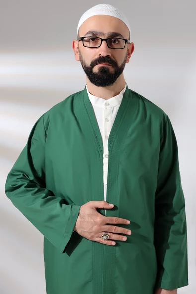 Yeşil Erkek Namaz Elbisesi V Yaka Düğmesiz Önü Açık Namaz Cübbesi - 8