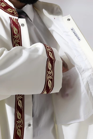 Krem Erkek Namaz Elbisesi Bordo Desen İşlemeli Hakim Yaka İmam Cübbesi - 7