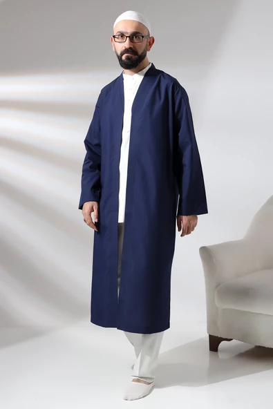 Lacivert Erkek Namaz Elbisesi V Yaka Düğmesiz Önü Açık Namaz Cübbesi - 4