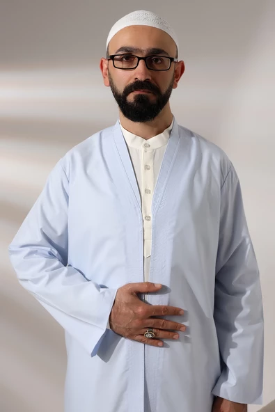 Mavi Erkek Namaz Elbisesi V Yaka Düğmesiz Önü Açık Namaz Cübbesi - 7