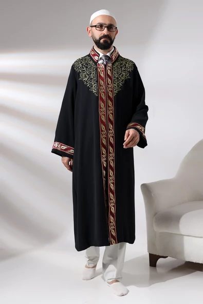 Siyah Hakim Yaka Erkek Namaz Elbisesi Şerit Nakış İşlemeli İmam Cübbesi - 2