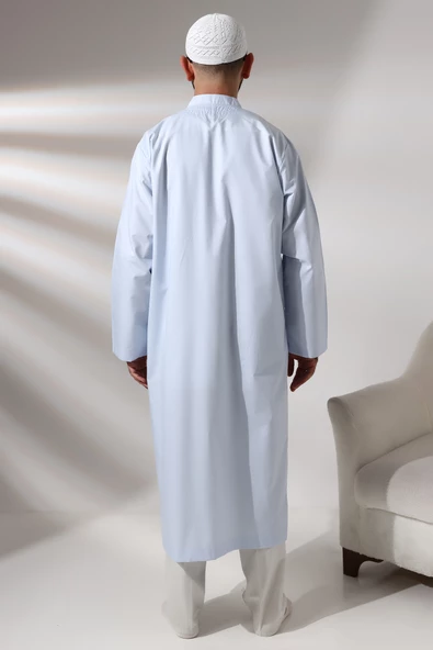 Mavi Erkek Namaz Elbisesi V Yaka Düğmesiz Önü Açık Namaz Cübbesi - 6