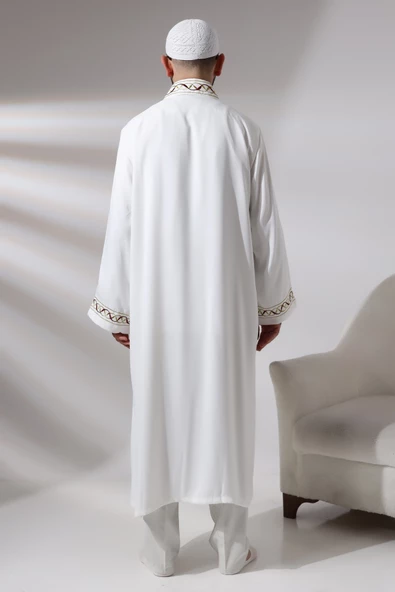 Beyaz Hakim Yaka Nakış İşlemeli Erkek Namaz Elbisesi İmam Cübbesi - 10