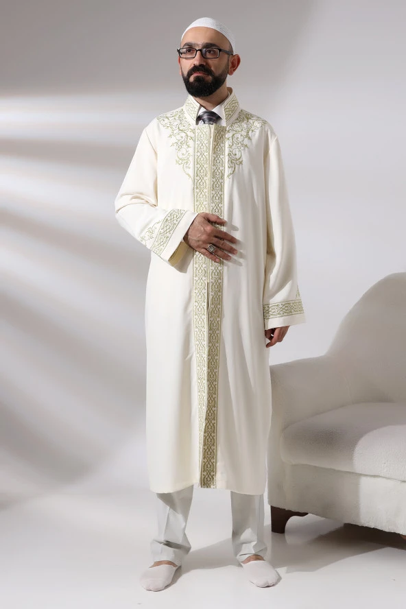 Krem Hakim Yaka Erkek Namaz Elbisesi Şerit Nakış İşlemeli İmam Cübbesi
