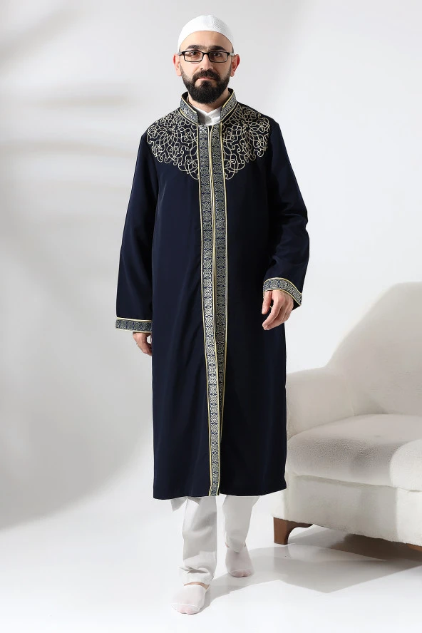 Lacivert Hakim Yaka Erkek Namaz Elbisesi Şerit Nakış İşlemeli İmam Cübbesi