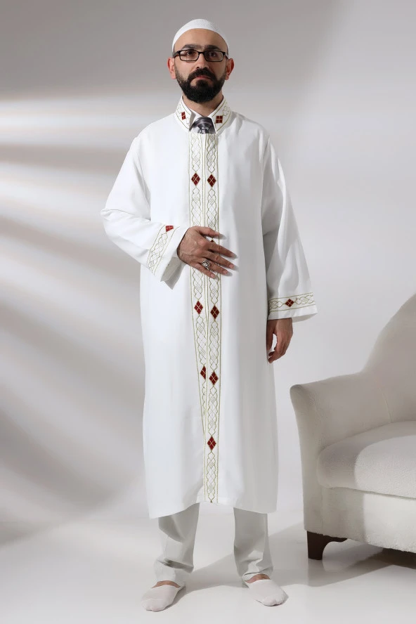 Beyaz Erkek Namaz Elbisesi Desen İşlemeli Hakim Yaka İmam Cübbesi